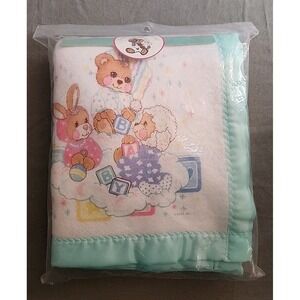 Vintage Riegel Teddy Beddy Bear Baby Blanket Satin Trim 36" X45" USA New Acrylic